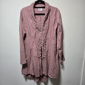 Completo Lino By Arthurio Pink Tunic Duster Blouse Size L Ruffles 100% Linen